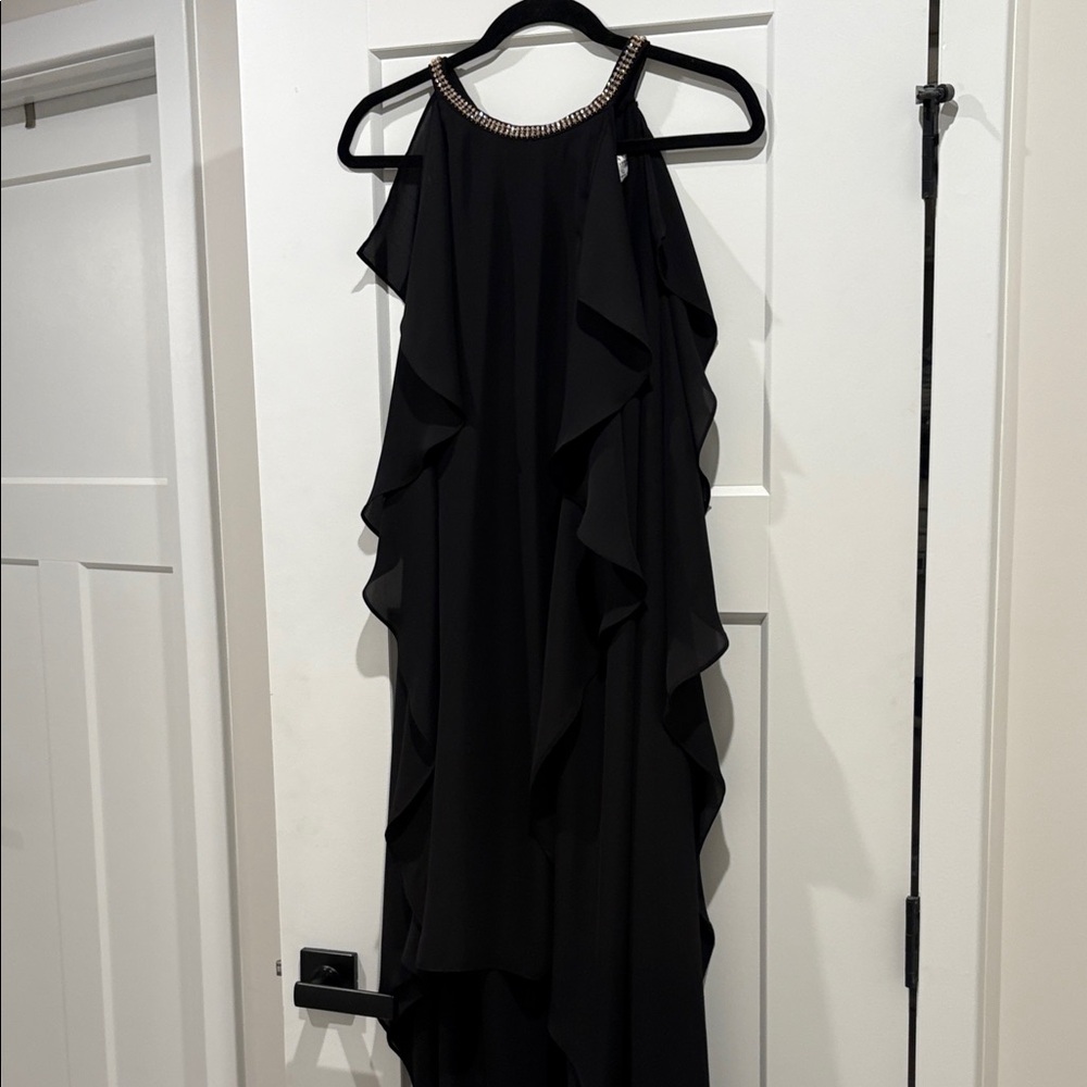 Black Beaded Halter High-Low Ruffle Dress